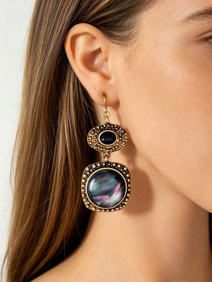 New Vintage Geometric Colorful Resin Drop Earrings, Women's Western Jewelry, (Resin Pattern Not Unique) - Multicolor - View 1