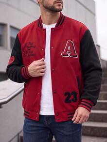 1pc Men's Red Jacket, Classic Striped Ribbed Collar, Cuffs And Hem ...