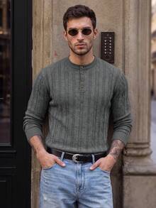 Men Old Money Heather Ribbed Knit Long Sleeve Top, Crew Neck Loose Fit Knitted Shirt, Preppy Layer Tee For Campus Daily & Holiday Vacation Outfits - Grey - View 7