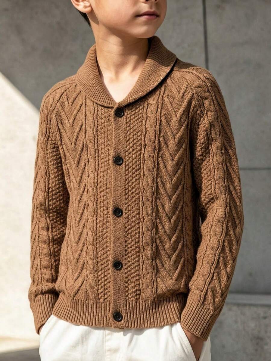 Boys' College Style Solid Khaki Cable Knit Cardigan Sweater With Turn-Down Collar And Raglan Sleeves, Suitable For School Daily Casual Wear In Spring, Autumn And Winter - Brown - View 1