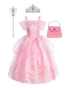 4pcs Pink Floral Pattern Girls Sleeveless Dress Crown Magic Wand Handbag Set Children Role Play Party Dress Party Holiday Christmas Halloween Costume Set - Pink - View 13