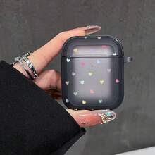 1pc Translucent Black Base Colorful Small Heart Earphone Case, Scattered Heart Pattern Semi-Transparent Matte Soft Shell With Hook, Fresh Cute Girl Bluetooth Earphone Protective Cover Suitable For AiPods1/2, Suitable For Airpods3, Suitable For Airpods4, Suitable For Airpodspro - Transparent Black - View 3