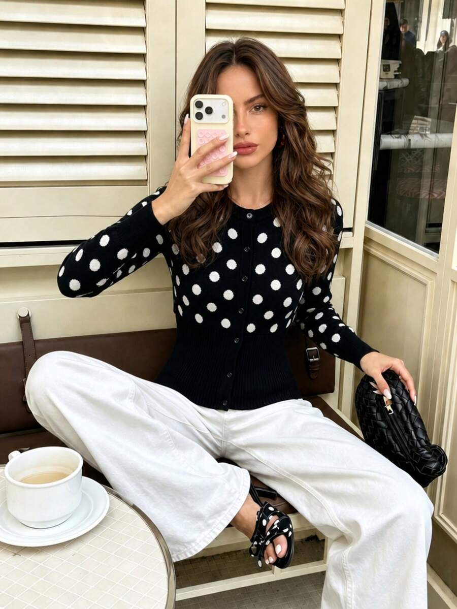 Roviva Women's Autumn Casual Commute French Polka Dot Long Sleeve Knit Sweater, Suitable For Party, Gathering, Holiday, Birthday Party, Work Commute, - Black and White - View 1