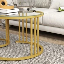Round Coffee Tables Set Of 2, Nesting Tables With Tempered Glass Top And Steel Frame, Black On-Site - Gold + Steel - View 8
