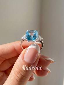 MADEONE 1pc Classic Round 5 Carat Cubic Zirconia Ring, Women's Jewelry, Suitable For Daily Wear, Dating, Party, Perfect Gift For Girlfriend - Aquamarine Diamond - View 3