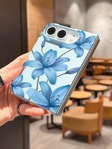1pc Fashionable Cute Simple Skin Feel PC Material Lily Flower Element Folding Phone Case, Can Protect And Prevent Falling For:SamsungGalaxy Z Fold 8/IPhoneDuo - Baby Blue - View 3