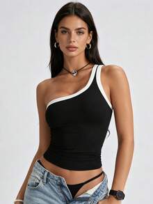 Runway Rest 1pc 4-Season Sleeveless Camisole, 2-In-1 With Built-In Cup Holder, Colorblock Asymmetrical Shoulder Strap Versatile Casual Tank Top For Women - Black - View 3