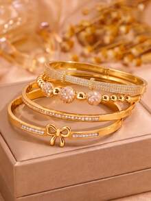 4/1pcsSweet Luxury Gold‑Tone Stainless Steel Bangle Set, Radiate Your Understated Elegance - Gold - View 16