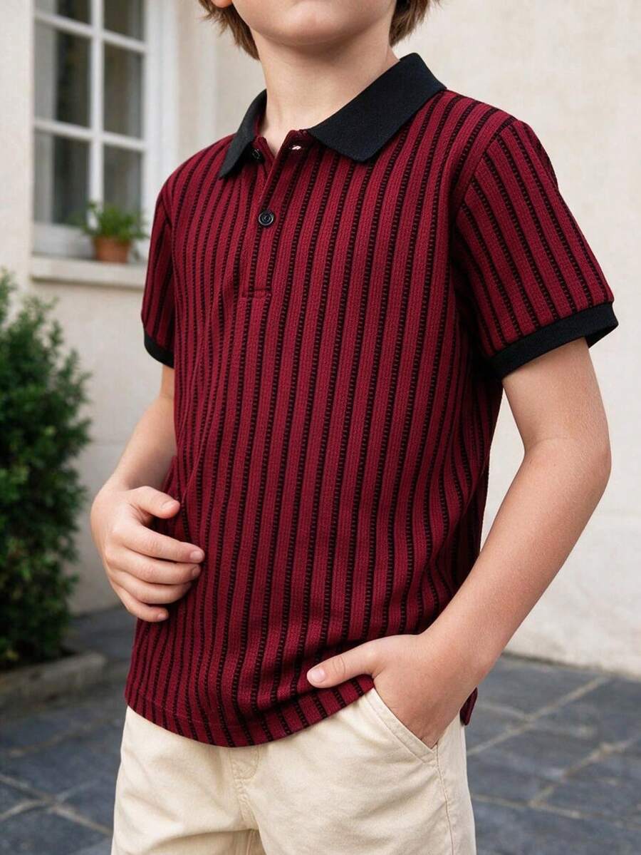 Tween Boy Casual Stylish Textured Colorblock Striped Short Sleeve Polo Shirt, Suitable For Spring/Summer, Back To School, Daily Wear, Vacation - Burgundy - View 1