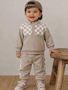 2Pcs/Set Boys' Checkerboard Patchwork Half-Zip Stand Collar Sweatshirt & Jogger Pants Casual Sports Outfit, Spring/Autumn - Khaki - View 3