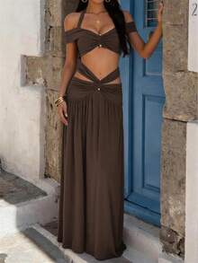 Vellofy Women's Autumn/Winter Dark Brown 2 Pieces Long Skirt Set, Halter Neck Off-Shoulder Twisted Hollow Design, Suitable For Ball, Evening Party, Banquet, Vacation, Cocktail Party - Dark Brown - View 5