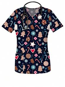Women's Christmas Gingerbread Man Print V-Neck Short Sleeve Nurse Scrub Top With Pockets, Spring/Summer/Autumn Outfit - Black - View 1