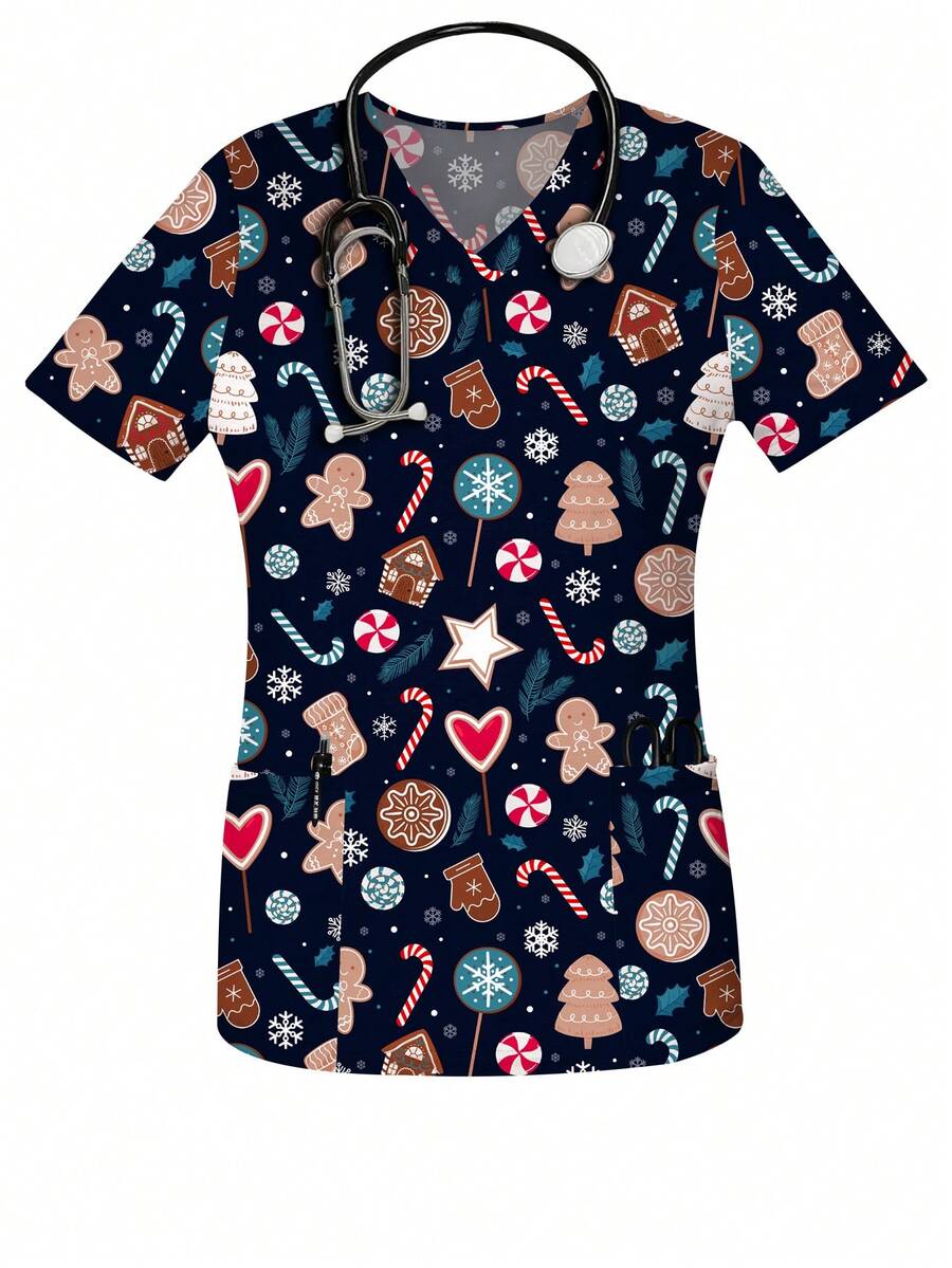 Women's Christmas Gingerbread Man Print V-Neck Short Sleeve Nurse Scrub Top With Pockets, Spring/Summer/Autumn Outfit - Black - View 1