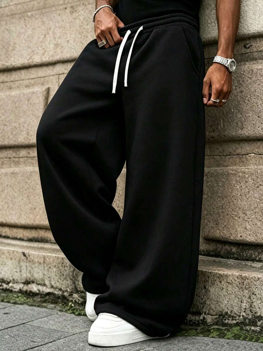 Men's Loose Fashion Wide Leg Long Pants, Minimalist Solid Color Wide Leg Fit, Drawstring Waist Design, Large Pockets, Unisex Style, Suitable For Daily Walking, Work, Home, Travel, Watching World Cup And Other Occasions. Best Father's Day Gift - Black - View 1
