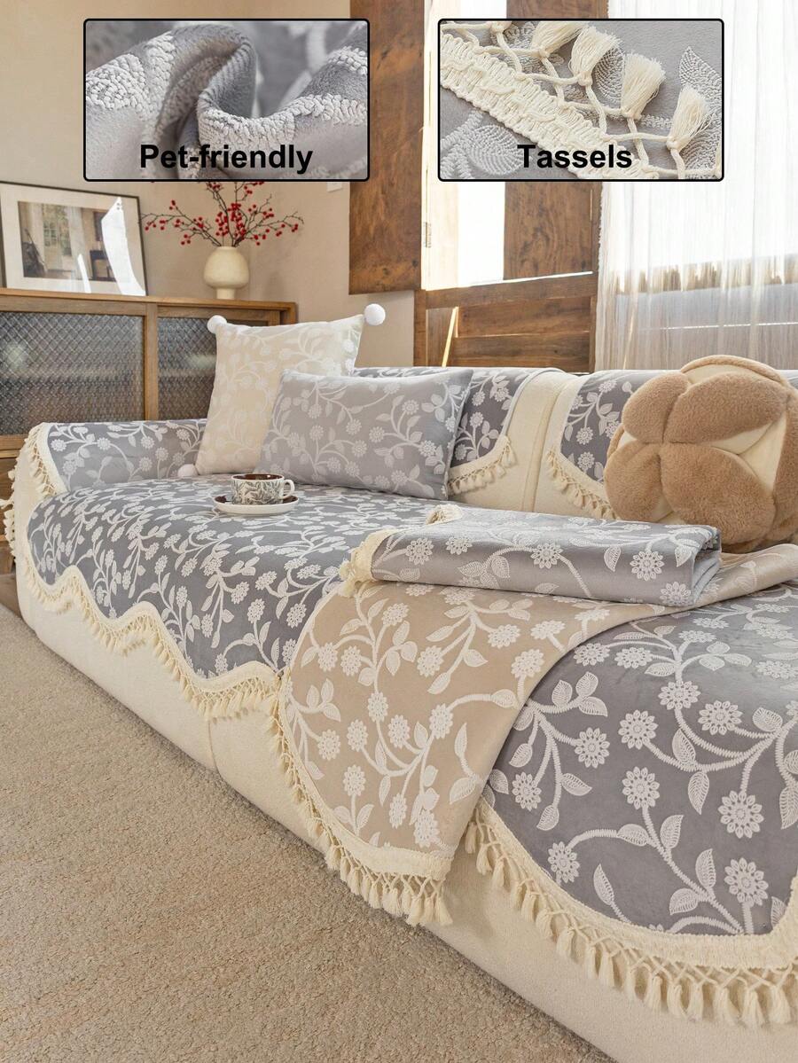 1pc Solid Color Tassel French Style Chenille Decorative Sofa Cover, Vacation Decor Pet Friendly Machine Washable, Living Room Bedroom Sofa Slipcover Old Sofa Refresh, Suitable For 1/2/3/4 Seater Armrest Backrest Cover - Grey - View 1