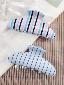2pcs Set Acetate Contrast Blue Striped Print Half-Moon Hair Claw High Top Bun Half-Up Hair Accessory Korean Style Gentle Romantic Exquisite - Multicolor - View 6
