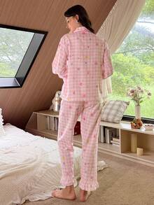 Sweet Pink Plaid Floral Woven Pajama Set, Ruffle Lantern Sleeve Button-Up Top + Long Pants, Autumn/Winter Home Sleepwear - Pink - View 2