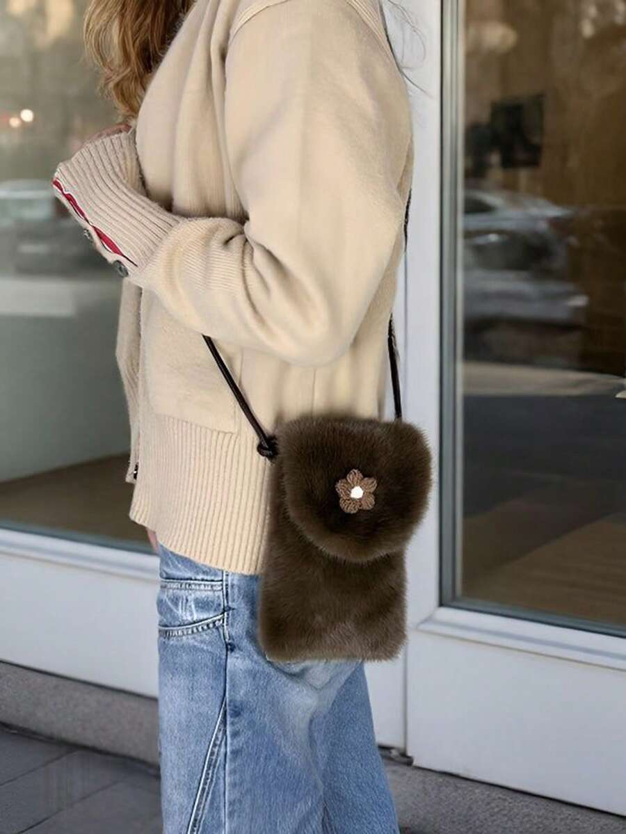 1pc Vintage Plush Flower Phone Bag For Women, Autumn/Winter Small Versatile Flap One Shoulder Crossbody Bag, Suitable For Travel, Vacation, Daily Shopping, Gift For Mom