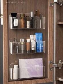 1/2pcs Wall Mounted Cosmetic Storage Box, Plastic Makeup Organizer, Suitable For Lipstick, Brushes, Nail Polish, Skincare Products - Mirror Cabinet Door Hidden Storage Box. Bathroom Vanity Storage Rack - Multicolor - View 2