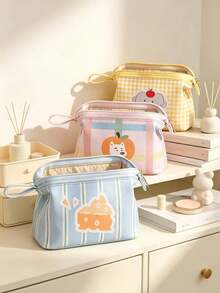 1pcCasual Style PU Fabric Curved Cosmetic Bag, Striped & Plaid Print With Fruit & Animal Graphic, Zipper Pouch With Hand Strap, Storage Pouch For Makeup, Skincare And Small Items, Travel Cosmetic Case, Suitable For Daily Use, Trip, All Season Use - Multicolor - View 6