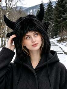 1pc Unisex Classic Fluffy Horns Protective Ear Beanie, Funny For Halloween, Warm Thick Knitted Hat For Winter, Autumn/Winter - Horns - View 4