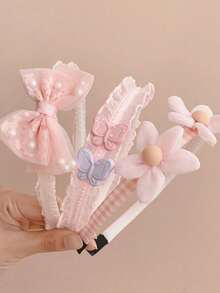 3pcs Girls Mesh Bow Flower Hairbands, Sweet Fresh Style Non-Slip Headbands, Children's Hair Accessories For Daily Wear - Pink - View 4