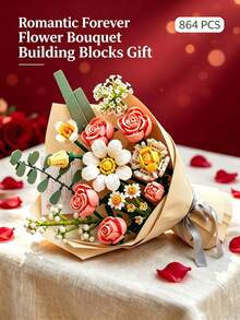 864 Pcs ABS Flower Building Blocks Set, DIY Build‑Your‑Own Forever Bouquet Kit For Adults, Multi‑Angle Adjustment Artificial Flower Blocks, Home Table Decor, Ideal Gift For Valentine's Day, Birthday, Anniversary & All Special Occasions - Multicolor - View 3