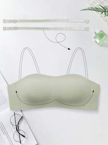 1件女款一體式薄罩杯無縫可拆卸肩帶內衣，小胸防滑防下垂無鋼圈可調節可拆卸抹胸式隱形內衣，適用露肩洋裝[平胸專用] - 綠色 - 查看 2