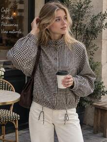 Plaid Jackets For Women Cropped Fall Outfit For Women Long Sleeve Funnel Neck Jacket Loose Button Up Coat Bomber Jacket Women - Multicolor - View 4