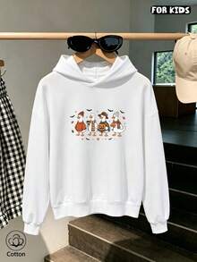 Tween Girl Cute Tween Girl Halloween Sweatshirt With Duck, Pumpkin & Bat Prints, Regular Fit Breathable Pullover For Spring Autumn Daily Wear & Festive - White - View 4