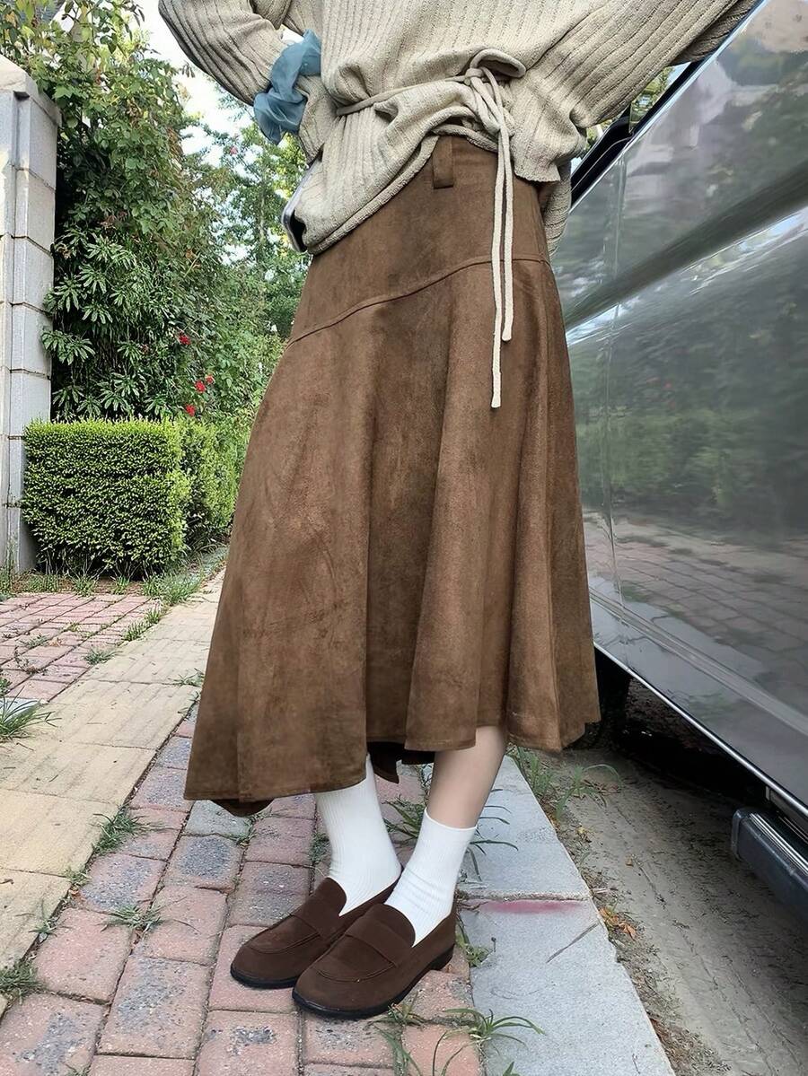 High Waist A-Line Pleated Asymmetrical Hem Mid-Length Women's Skirt - Brown - View 1