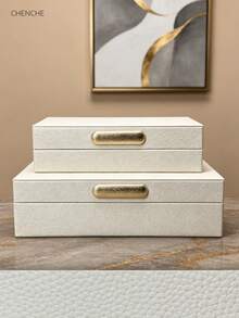 2pcs Set S & L Size Cream Litchi Texture PU Leather Jewelry Box With Lid, Gold Zinc Alloy Bar Handle, Velvet Lining Rectangular Jewelry Organizer, Modern Luxury Vanity Bedroom Decor Holiday Gift - Burgundy - View 13