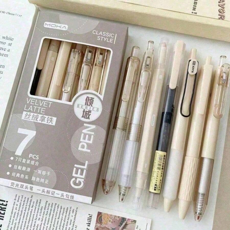 7pcs Velvet Latte Aesthetic Gel Pen Set, ST Tip Quick-Dry Black Ink, Retractable Hybrid Ink Pen, Waterproof, Soft Grip, Smooth Fine Tip Writing Stationery, Suitable For Student Notes, School Office, Fun Learning Supplies, Back To School Essentials - 10 - View 1