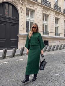 Green Cable Knit 2 Pieces Set, Round Neck Batwing Sleeve Crop Sweater & Midi Skirt Fall Matching Outfit - Green - View 9