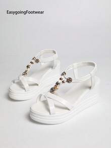 Women's Summer Bohemian Beaded Elastic Slip-On Wedge Sandals, Versatile For Beach Vacation, Daily Wear And Commuting - White - View 10