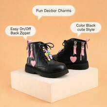 Cute Little Girl Heart Pattern Ankle Boots, Sweet Pink Detail Side Zipper Lace-Up Non-Slip Thick Sole Combat Boots, Suitable For Autumn/Winter - Black - View 6