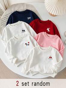 Girls' Pink Crew Neck Sweatshirt, Simple Print Loose Drop Shoulder Long Sleeve Autumn Top, 6-2 Random - Multicolor - View 1