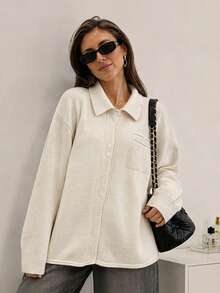 Wixra Cardigan Rajut Kabel Berkerah dengan Kancing Depan, Jaket Rajut Longgar Lengan Panjang dengan Bahu Jatuh Kasual untuk Musim Gugur dan Musim Dingin - Putih - View 4