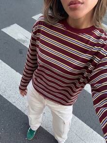 SDNGED Women's Casual Top, Striped Color Block Ribbed Fabric, Everyday Wear Spring/Autumn, Effortless Style - Redwood - View 10