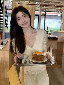 Women's Lace V-Neck Long Sleeve T-Shirt, Unique Elegant Inner Layer Top, Spring/Autumn 2026 New Style - Apricot - View 4