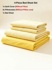 Set Perlengkapan Tidur 4pcs Tebal Bergaris Kuning (1 buah Sarung Selimut + 2 buah Sarung Bantal + 1 buah Sprei, Tanpa Bantal dan Selimut), Tekstil Rumah Lembut & Bernapas untuk Semua Musim, Dapat Dicuci dengan Mesin - Garis Kuning - View 5