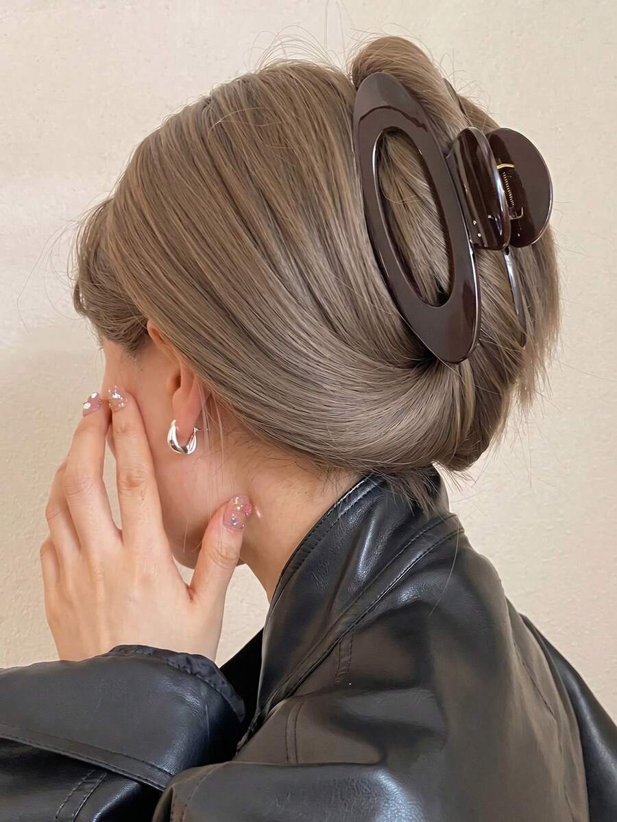 1pc High-End Hollow Oval Chocolate Brown Fashion Hair Clip, Suitable For Daily Commute, Minimalist Style Women's Hair Accessory - Brown - View 1