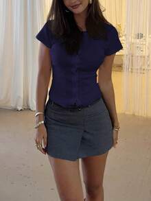 Women's Casual Button Short Sleeve Knit Top, Spring/Summer Street Style Outfit Top - Navy Blue - View 4