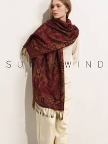 1pc Women's Bird & Floral Print Elegant Versatile Polyester Scarf, Suitable For All Seasons And Daily Wear - Burgundy - View 3