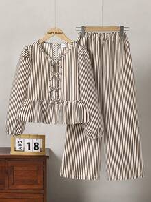 Left Mama Girls Striped Bow Decor Long Sleeve Top And Straight Pants Set, Sweet & Cute, Spring/Autumn - Brown - View 3