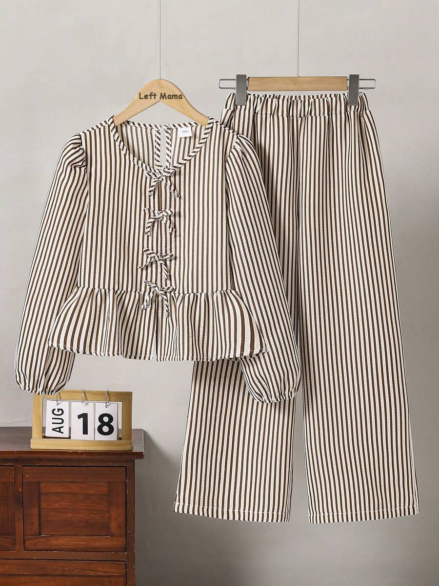 Left Mama Girls Striped Bow Decor Long Sleeve Top And Straight Pants Set, Sweet & Cute, Spring/Autumn