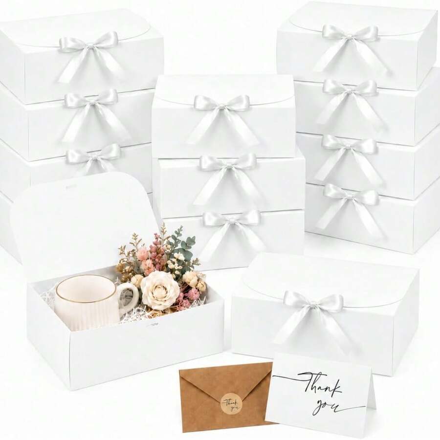 10pcs Kraft Paper Gift Boxes With Lids, White, With Ribbon, Suitable For Wedding Bridesmaid Invitation Boxes, Packaging Boxes, Gift Boxes, Birthday Boxes, Valentine's Day, Mother's Day And Other Occasions (3 Sizes Available) - A-White - View 1