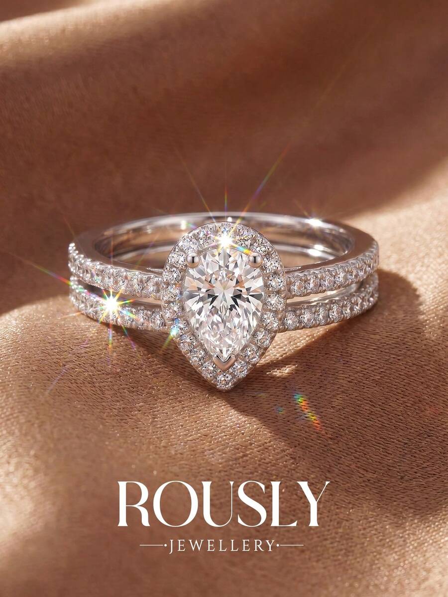2pcs/Set Single Row Golden Teardrop Diamond Rings, Shiny Luxurious Women's Promise Rings, Suitable For Wedding, Party And Other Occasions - Silver - View 1