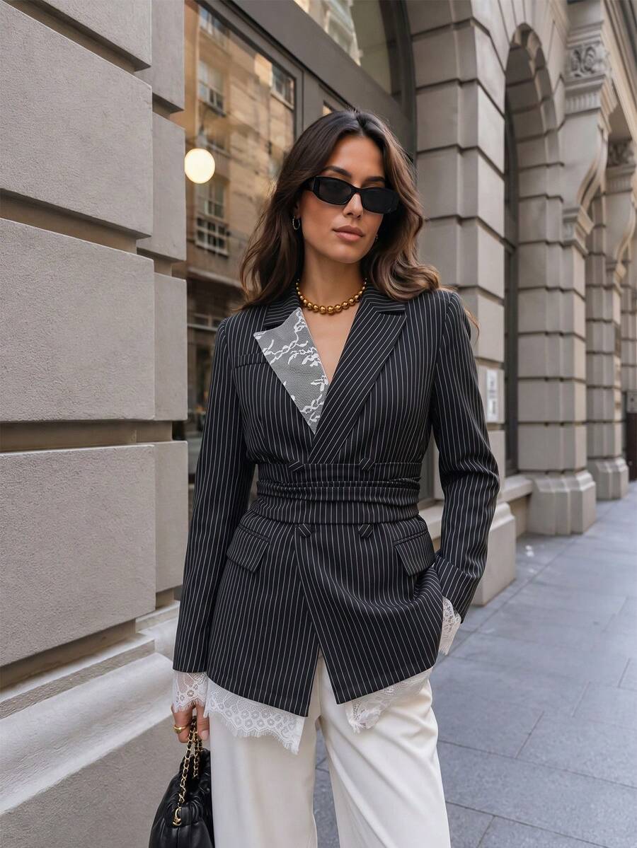 Fashion Women's Long Sleeve Fine Striped Blazer, Double-Button Design, Decorated With Delicate Contrast Lace, Regular Fit Woven Top - Black - View 1