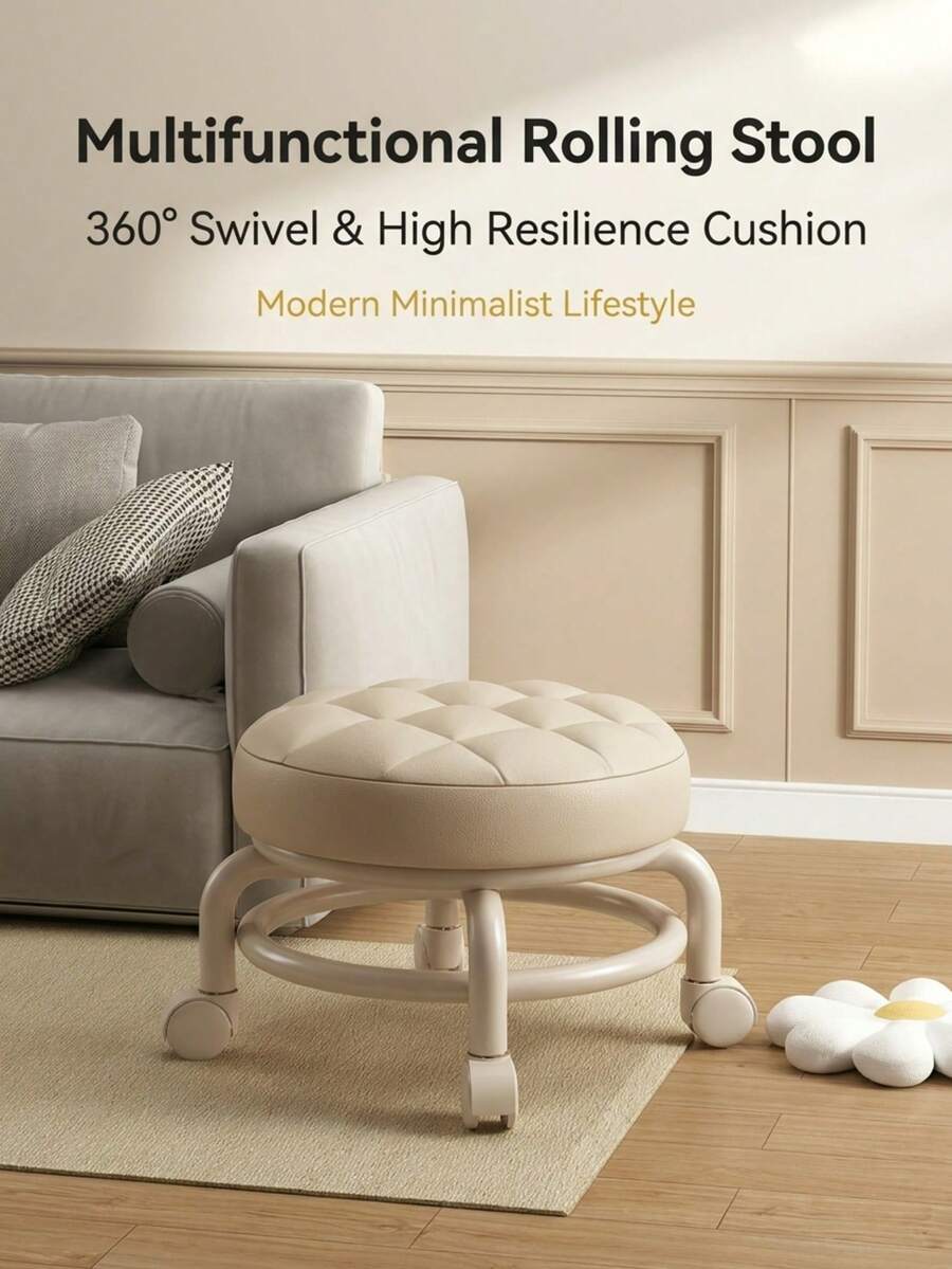 1pc Comfortable Padded Swivel Caster Mobile Stool, Home, Household, Decorative, Office, Footrest, Push And Pull - Multicolor - View 1